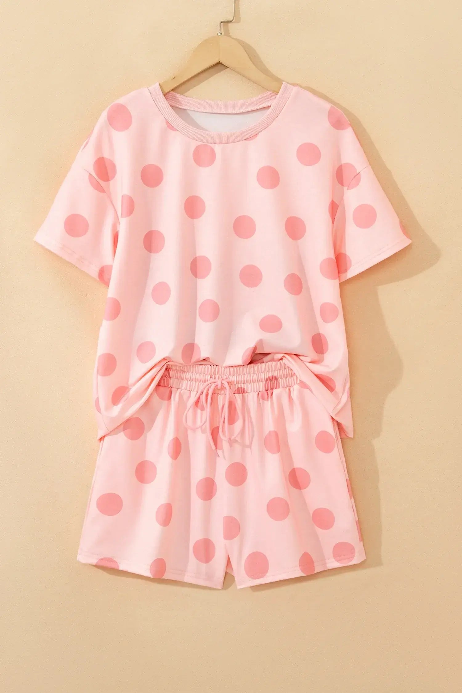 Pink Polka Dot Print Loose Tee Drawstring Elastic Waist Short Set