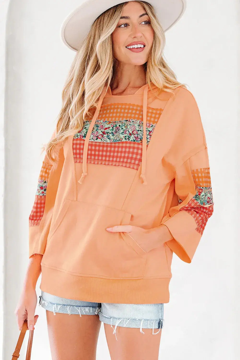 Grapefruit Orange Plaid Floral Patchwork Kangaroo Pocket Hooded Long Sleeve Top