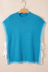 Blue Contrast Stitch Trim Knot Side Mock Neck Sweater Vest