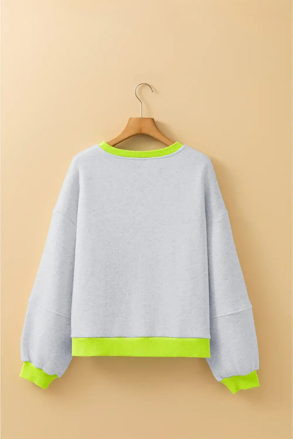 Light Grey Contrast Color Banding Patchwork Puff Sleeve Loose Sweatshirt