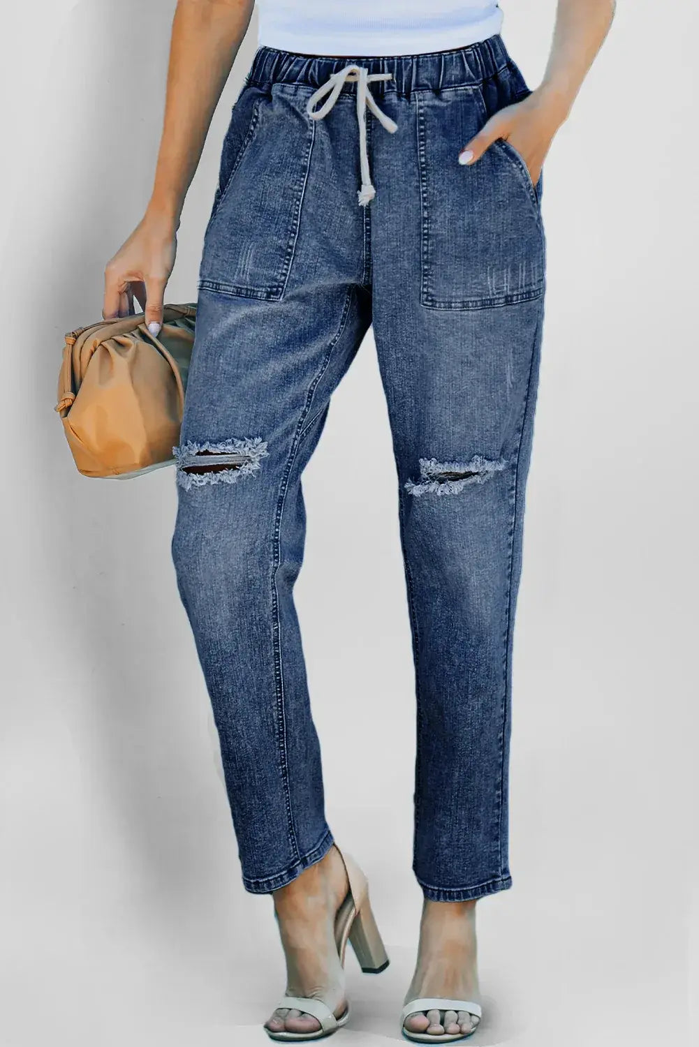 Dark Blue Gather Round Distressed Pocketed Denim Jogger