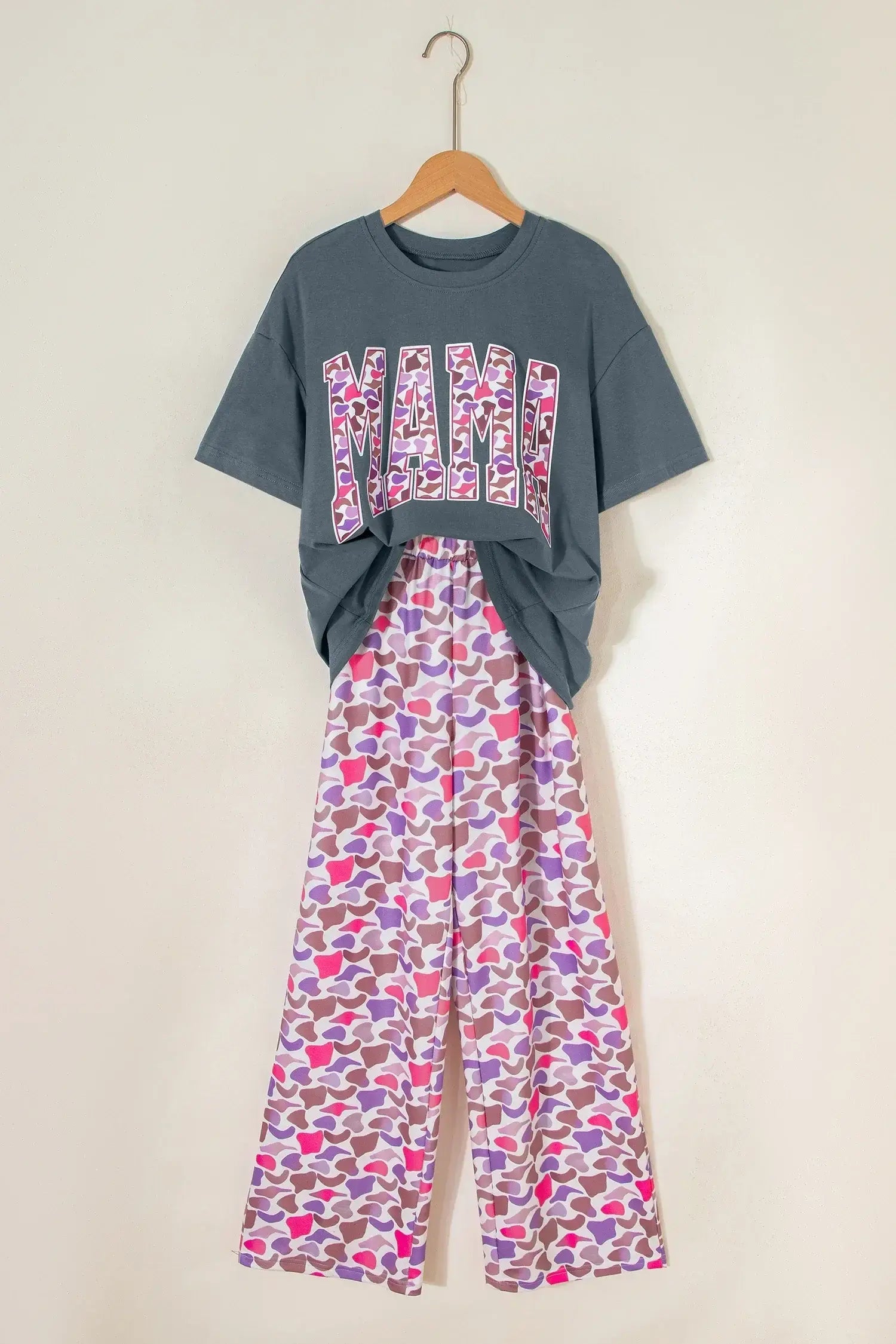 Medium Grey MAMA Letter Graphic Tee Camouflage Print Loose Pant Set
