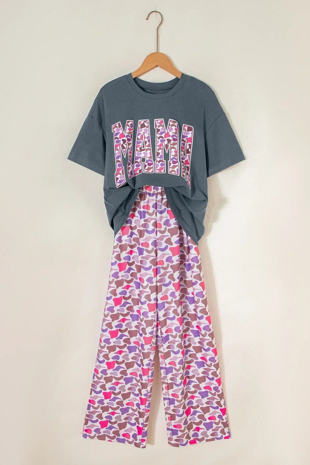 Medium Grey MAMA Letter Graphic Tee Camouflage Print Loose Pant Set