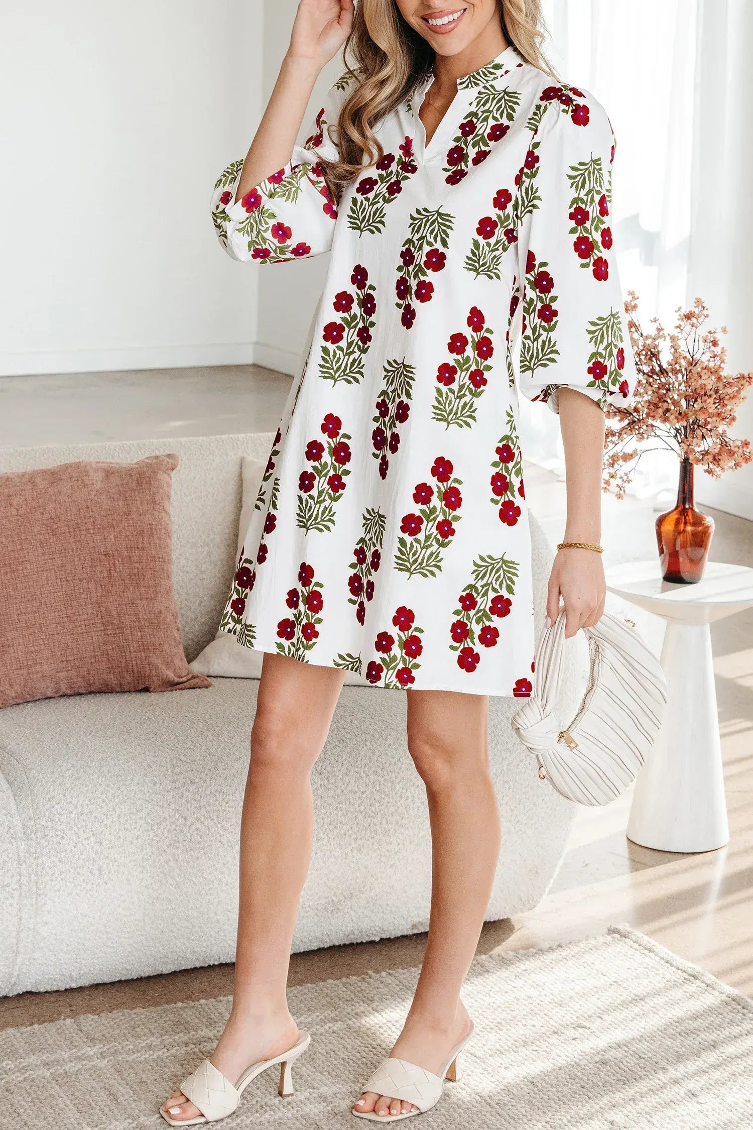 White Floral Print V Neck 3/4 Sleeve Loose Mini Dress
