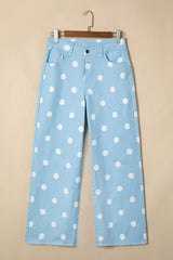 Sky Blue Polka Dot Print Raw Hem Shift Jeans