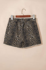 Khaki Contrast Scalloped Lace Trim Leopard Denim Shorts