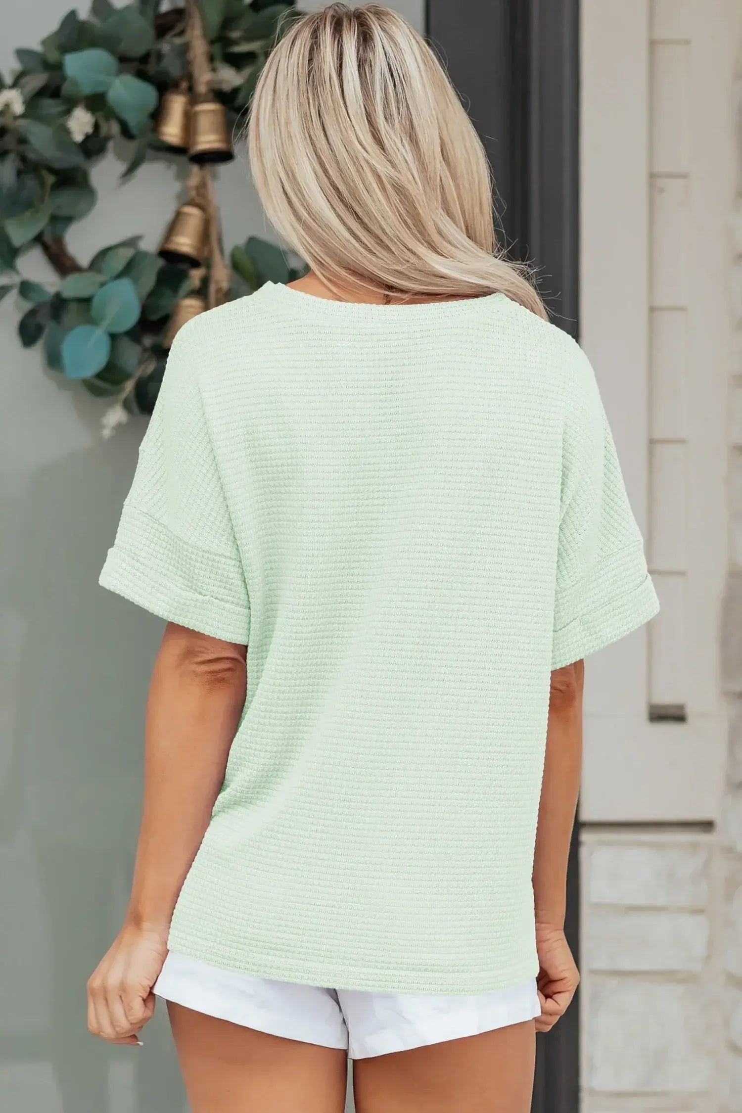 Strawberry Pink Waffle V Neck Short Sleeve Knit Top