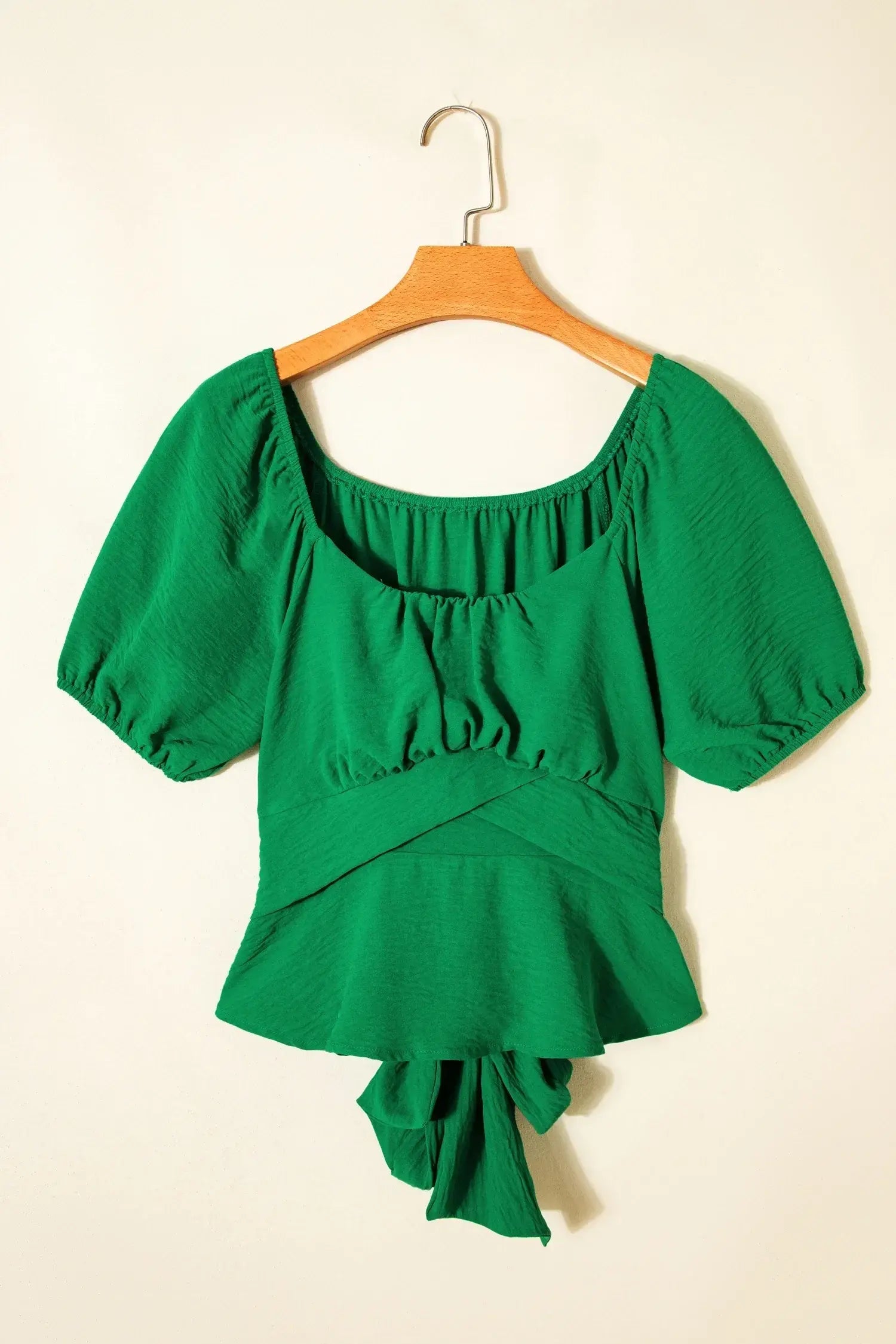 Dark Green Solid Color Ruched Crossed Waist Tied Back Short Sleeve Peplum Top