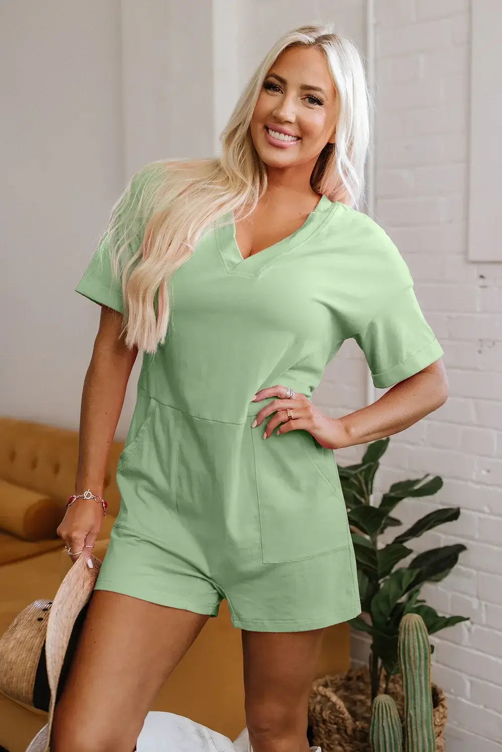 Grass Green Loose Half Sleeve V Neck Knit Romper
