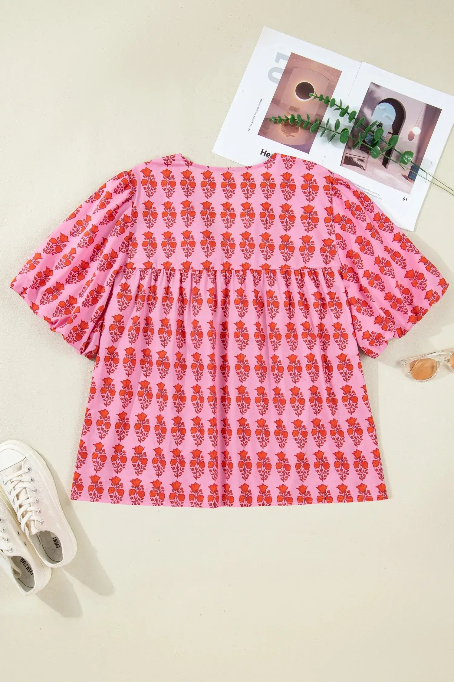Pink Plus Size Floral Print Tassel Tie Puff Sleeve Cotton Blouse