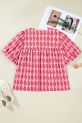 Pink Plus Size Floral Print Tassel Tie Puff Sleeve Cotton Blouse