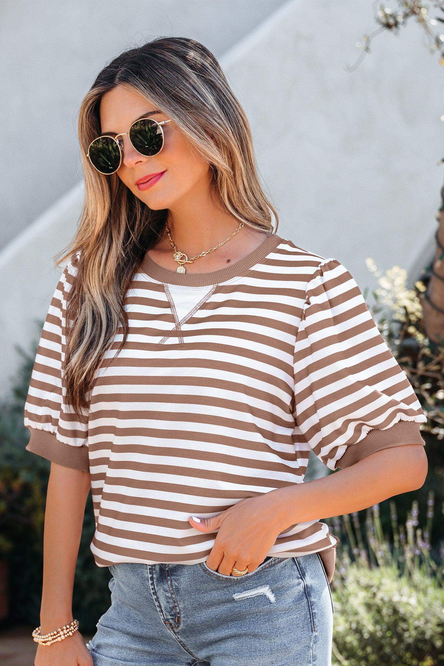 Khaki Stripe Short Bubble Sleeve T Shirt