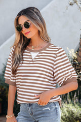 Khaki Stripe Short Bubble Sleeve T Shirt