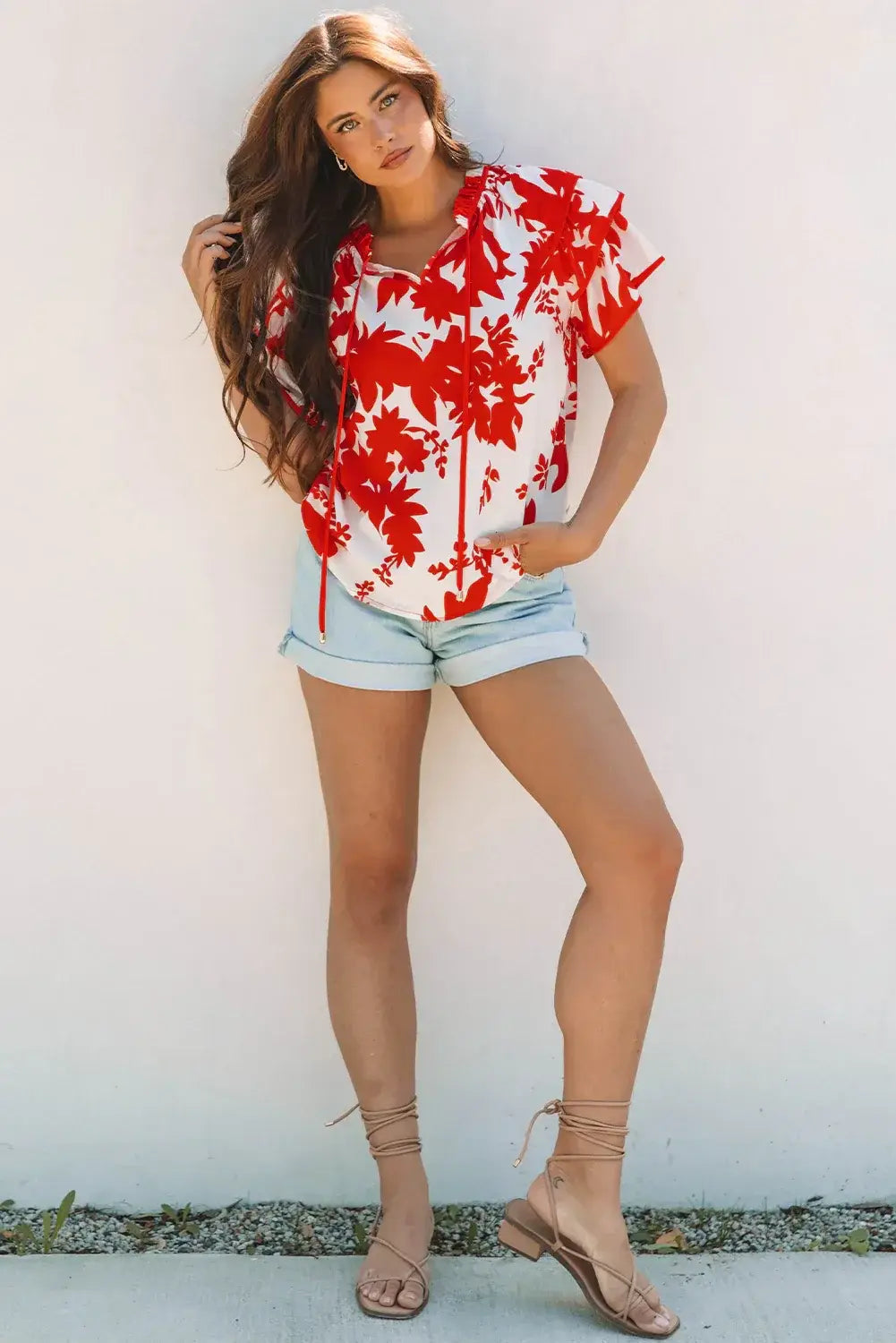 Red Plant Print Tiered Ruffled Sleeve V Neck Blouse