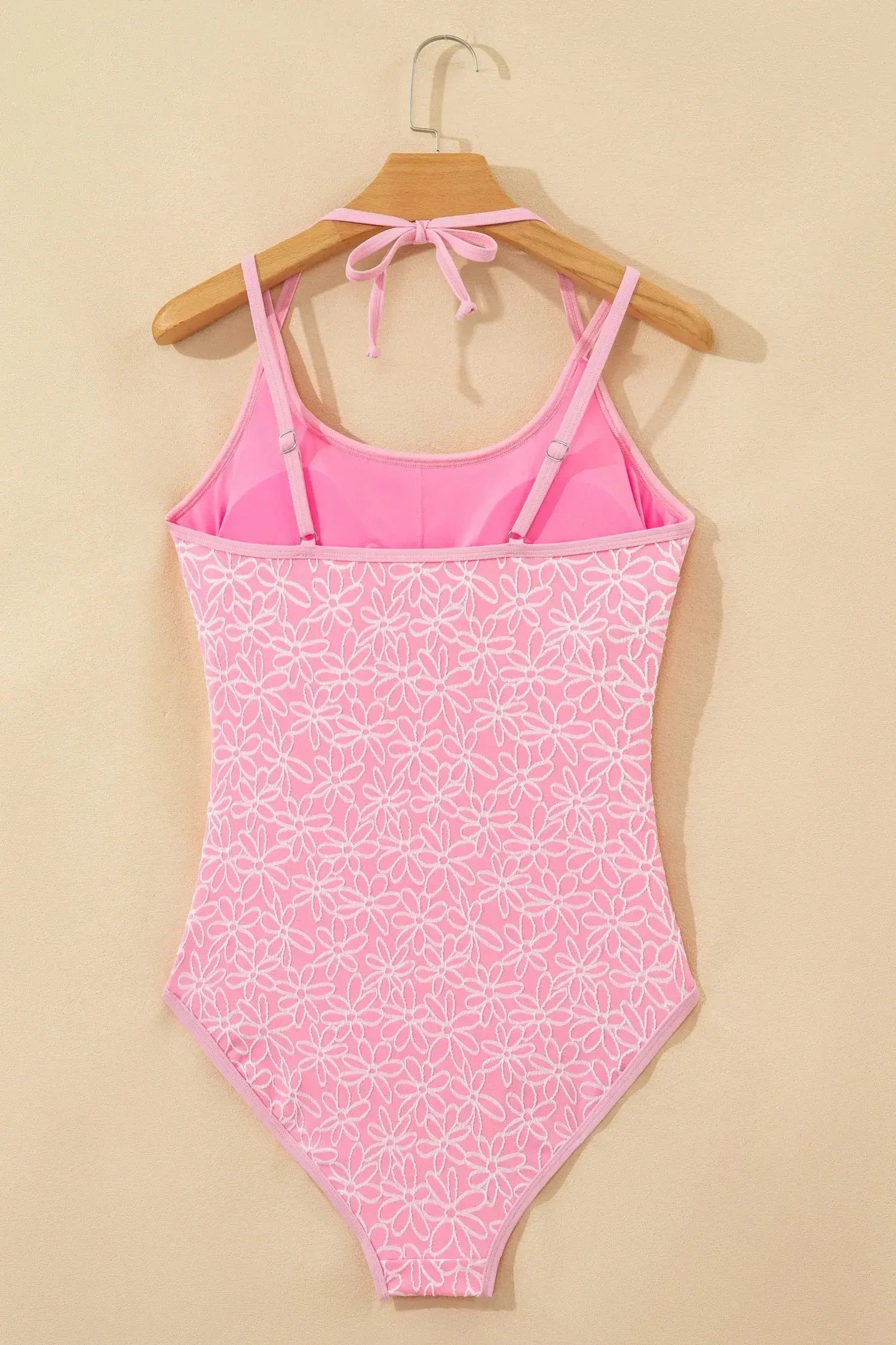 Pink Corded Flower Texture Spaghetti Straps Halterneck One Piece Swimsuit