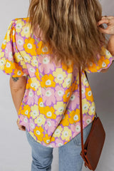 Purple Frilled Neck Puff Short Sleeve Flower Top