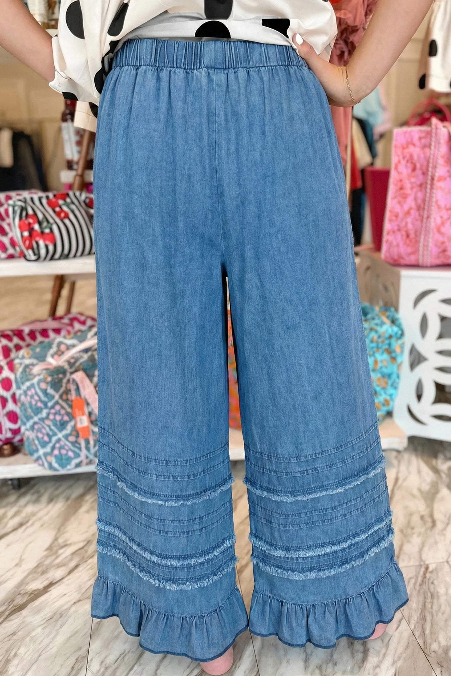 Dusk Blue Ruffled Hem Wide Leg Chambray Pants