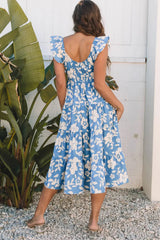Sky Blue Floral U Neck Flutter Shoulder Tiered Flowy Midi Dress