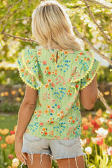 Green Stripe Floral Printed Scalloped Detail Ruffle Short Sleeve Blouse