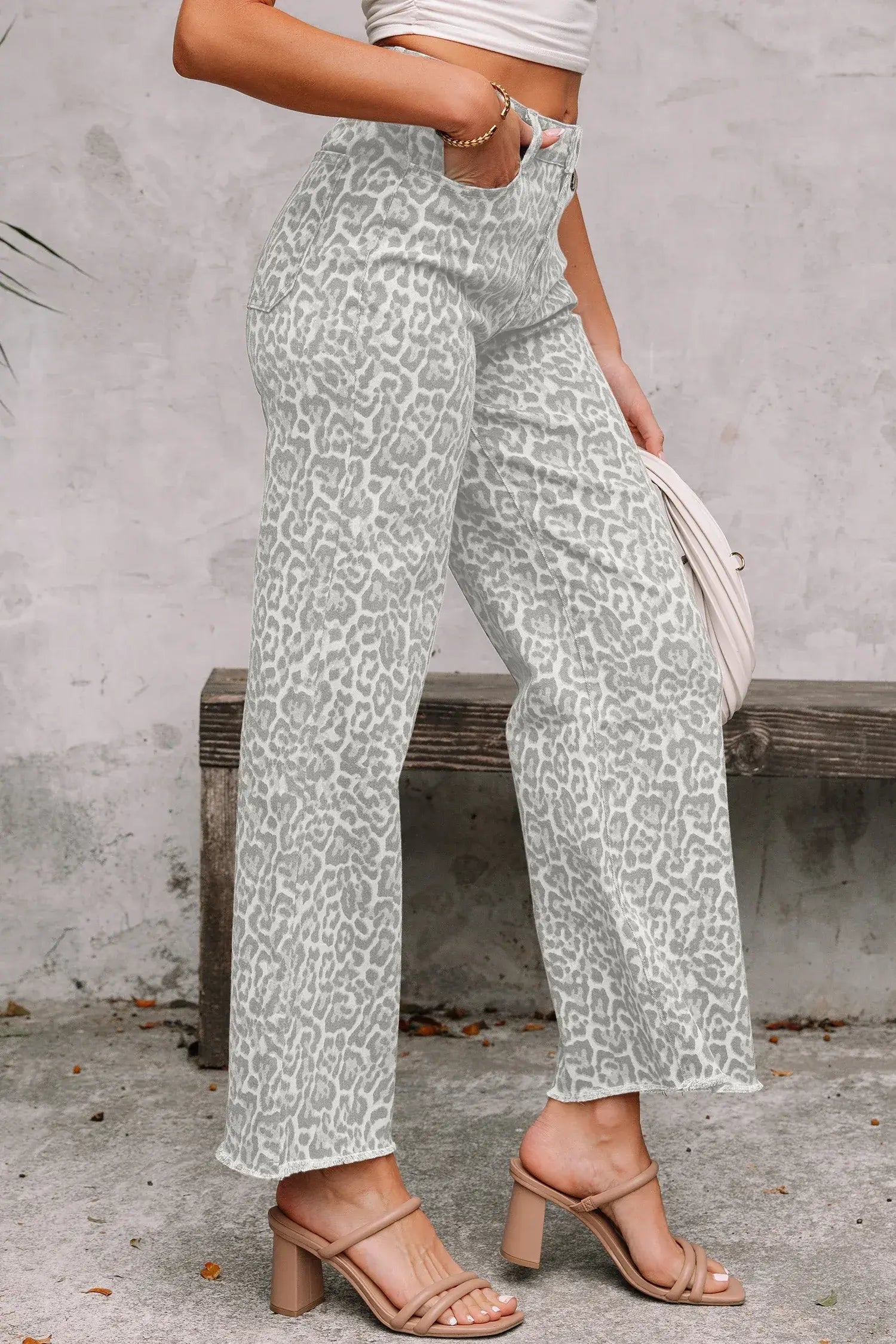 Gray Leopard Frayed Edge Wide Leg High Waist Jeans