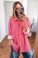 Red Stripe Button-Up Shirt Long Sleeve Patch Pocket Casual Shirt