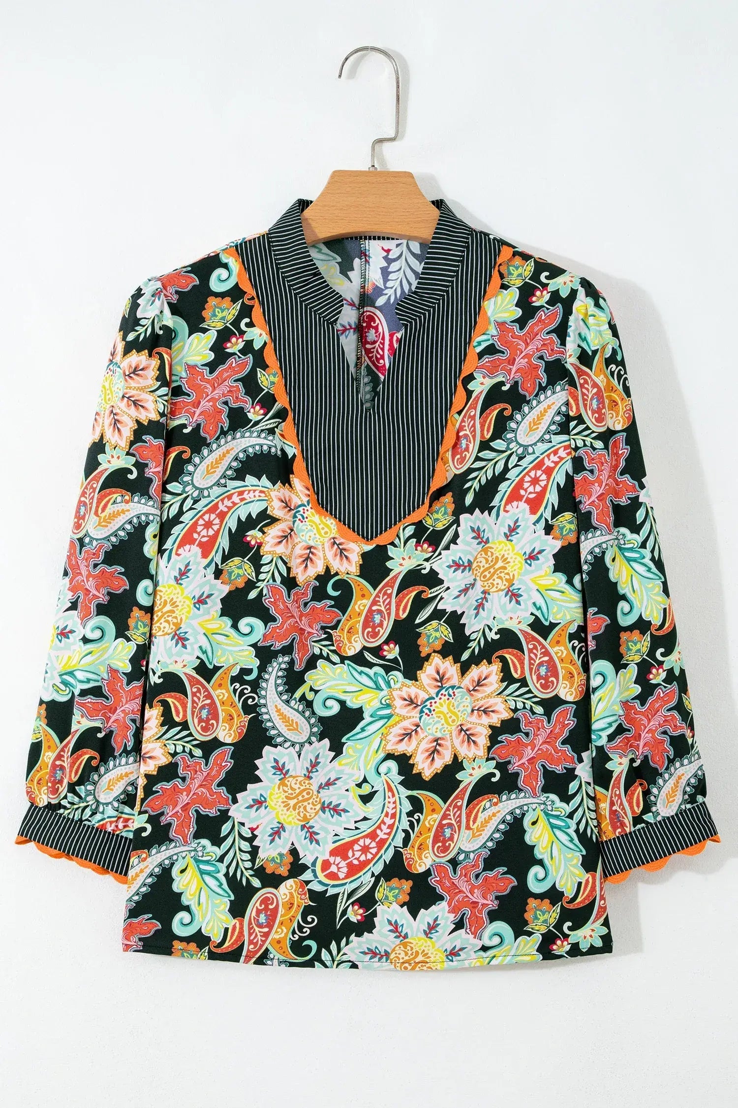 Black Contrast Ricrac Trim Striped Edge Patchwork Floral Print Blouse