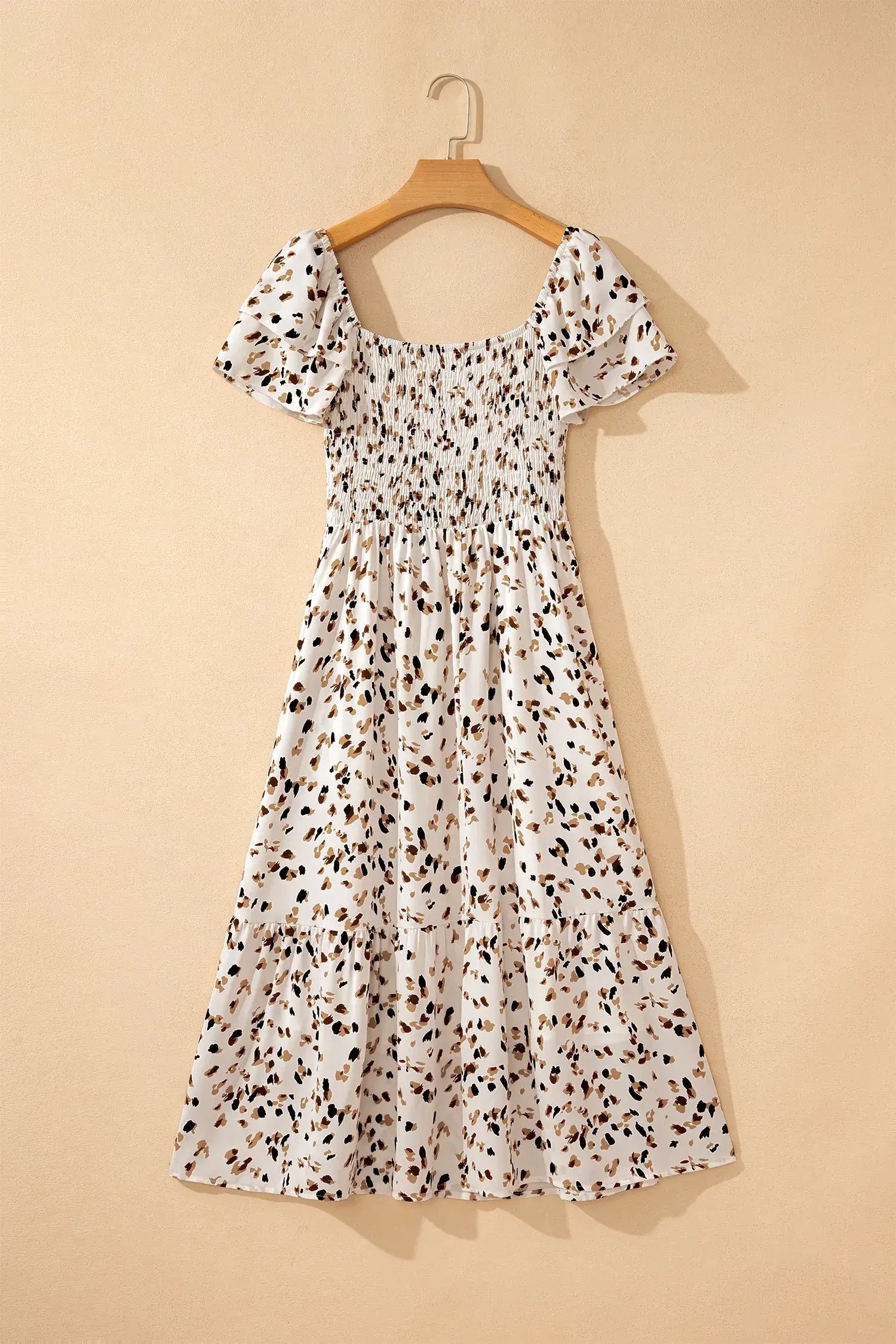 Beige Ditsy Floral Print Smocked Square Neck Ruffle Short Sleeve Dress