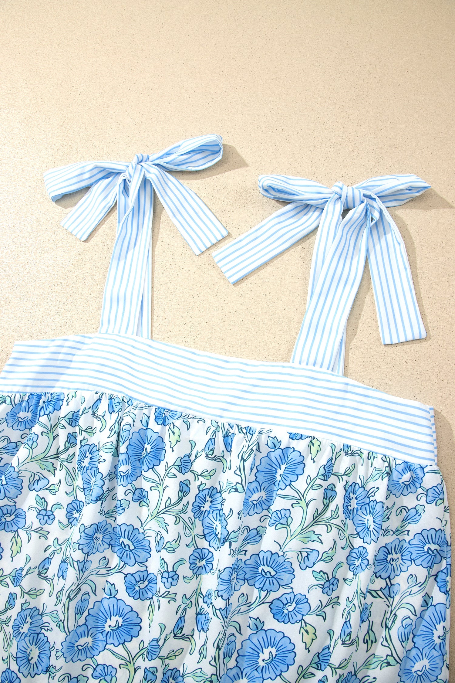 Sky Blue Floral Striped Patchwork Knot Straps 2pcs Short Set