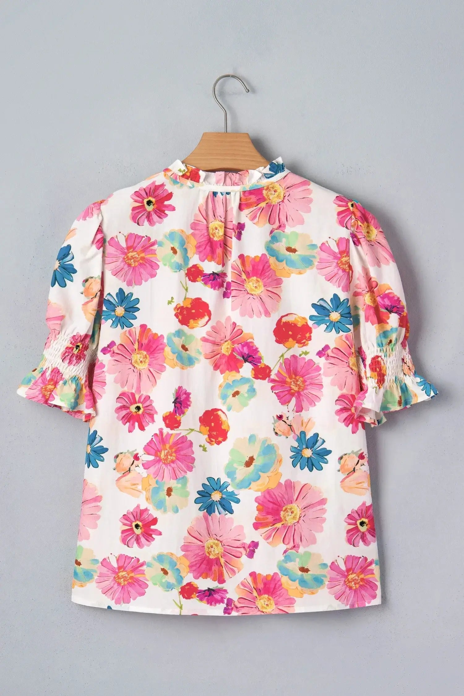 Beige Vibrant Summer Floral Tie V Neck Short Puff Sleeve Blouse