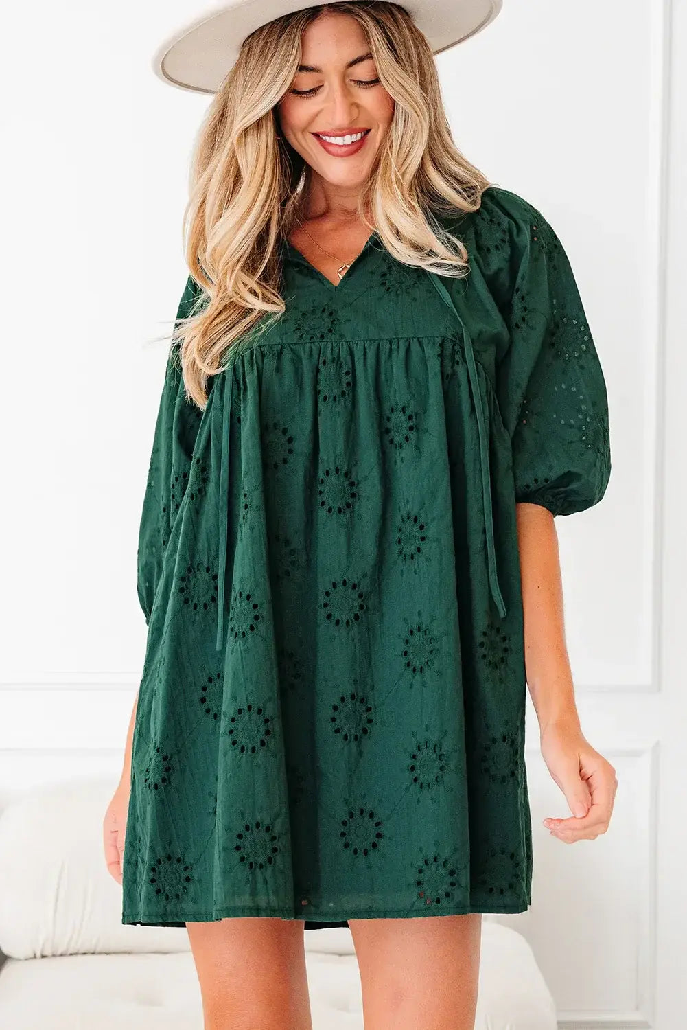 Blackish Green Embroidered Eyelet Pattern 3/4 Puffy Sleeve Swing Mini Dress