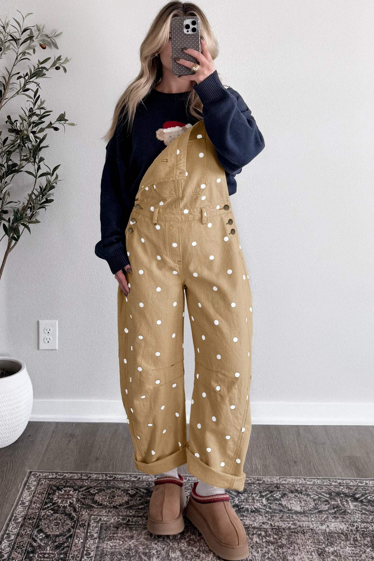 Light French Beige Polka Dot Print Bib Pocket Denim Barrel Overalls Jumpsuit