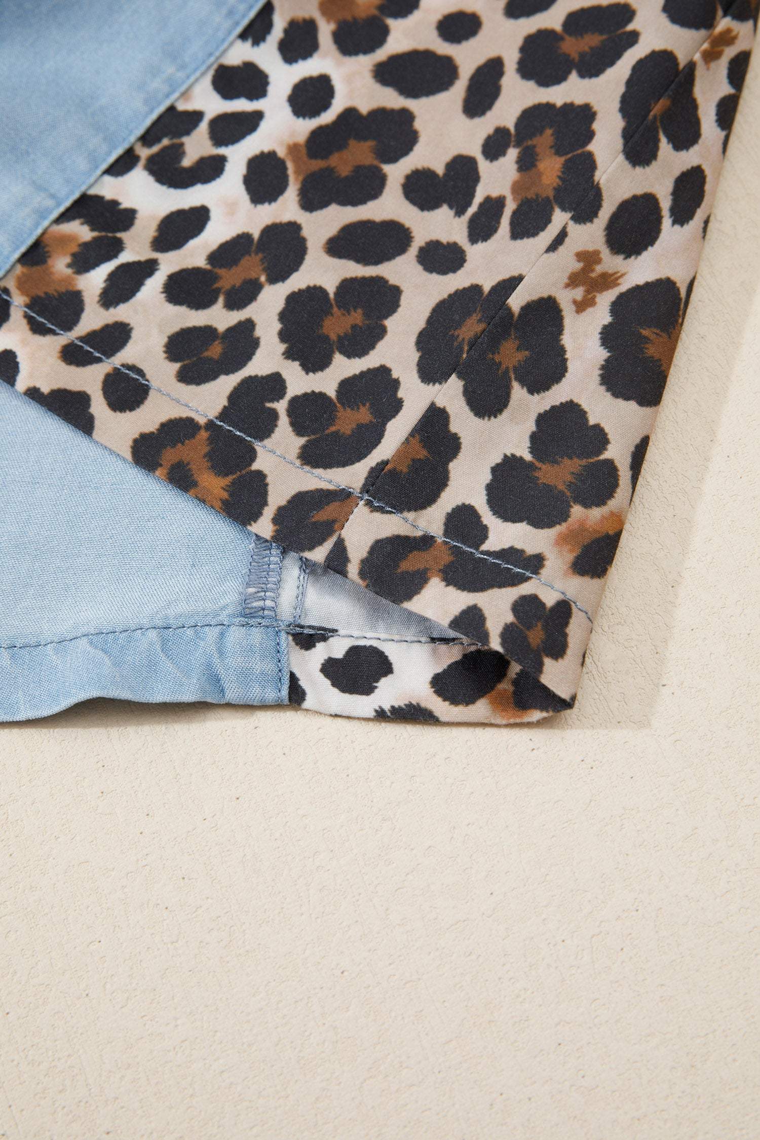 Myosotis Denim Color Block Leopard Patchwork Shirt Collar T Shirt Mini Dress