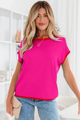 Green Contrast Trim Round Neck Short Sleeve Loose Knit Sweater