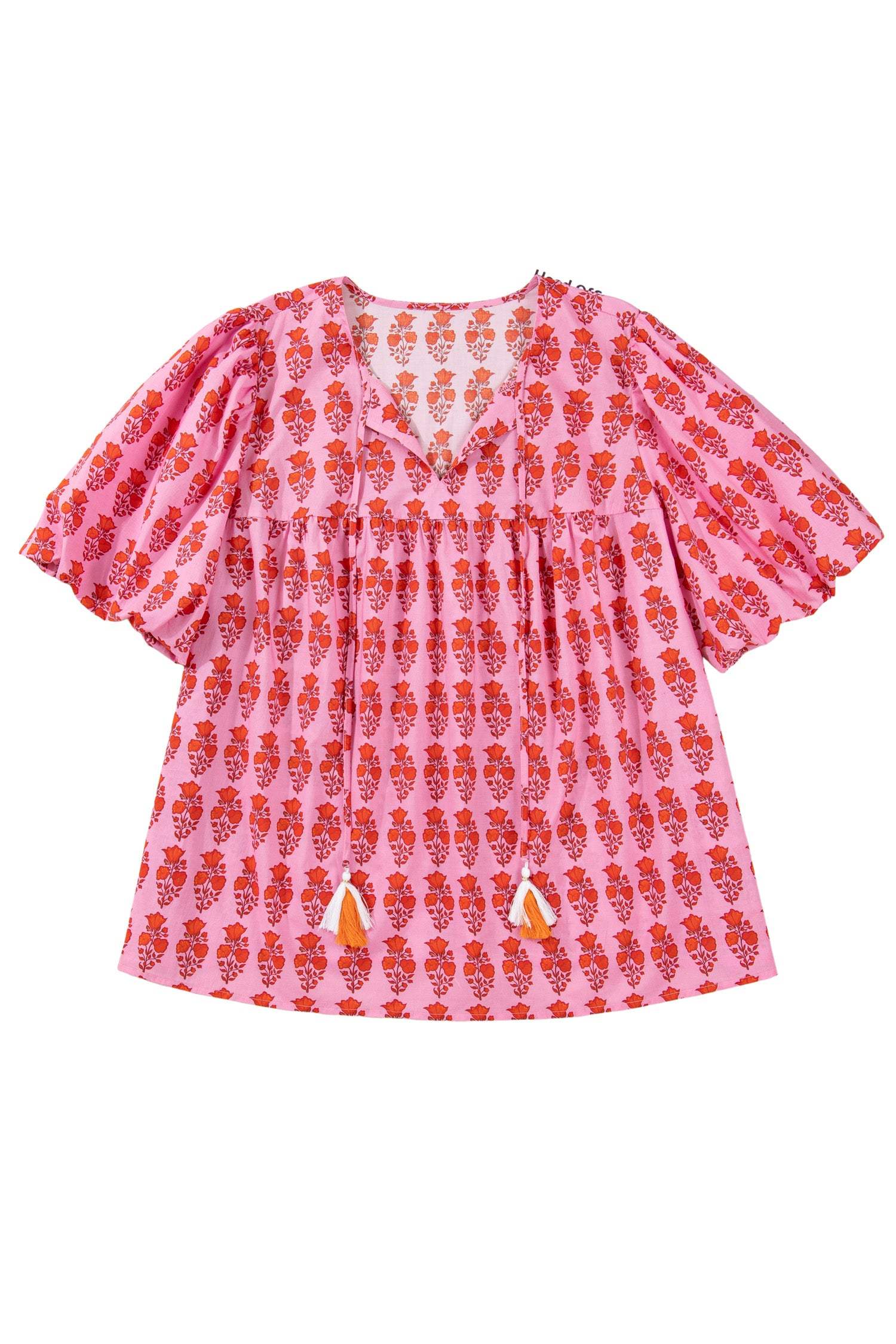 Pink Plus Size Floral Print Tassel Tie Puff Sleeve Cotton Blouse