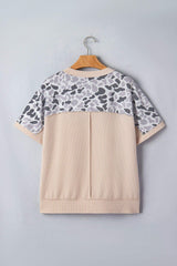 Gray Camouflage Print Twisted Ribbed Patchwork Casual T Shirt