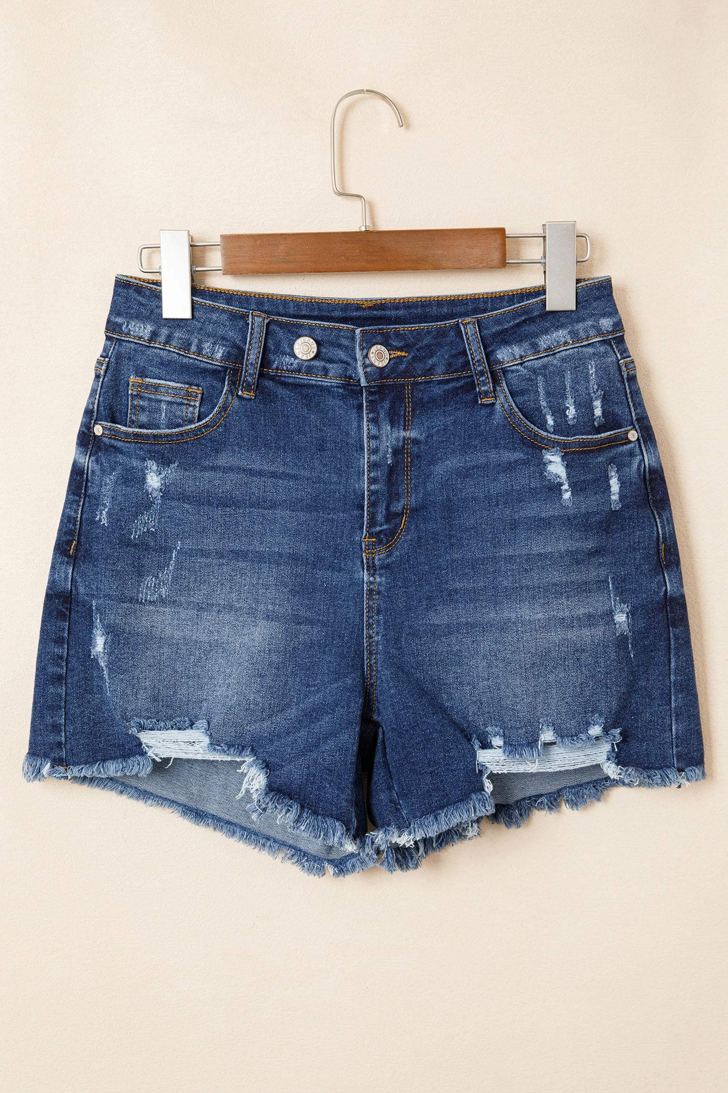 Sail Blue Asymmetric Raw Hem Distressed Whiskery Denim Shorts