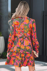 Multicolour Floral Print Long Sleeve Smocked Ruffled Mini Dress
