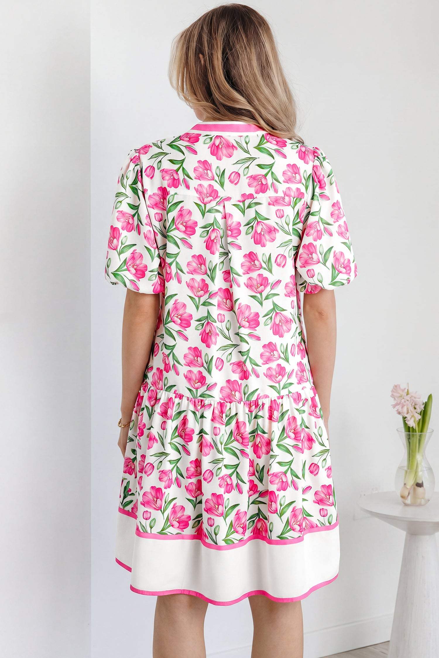 Multicolour Sweet Floral Print Striped Color Block Trim Short Dress