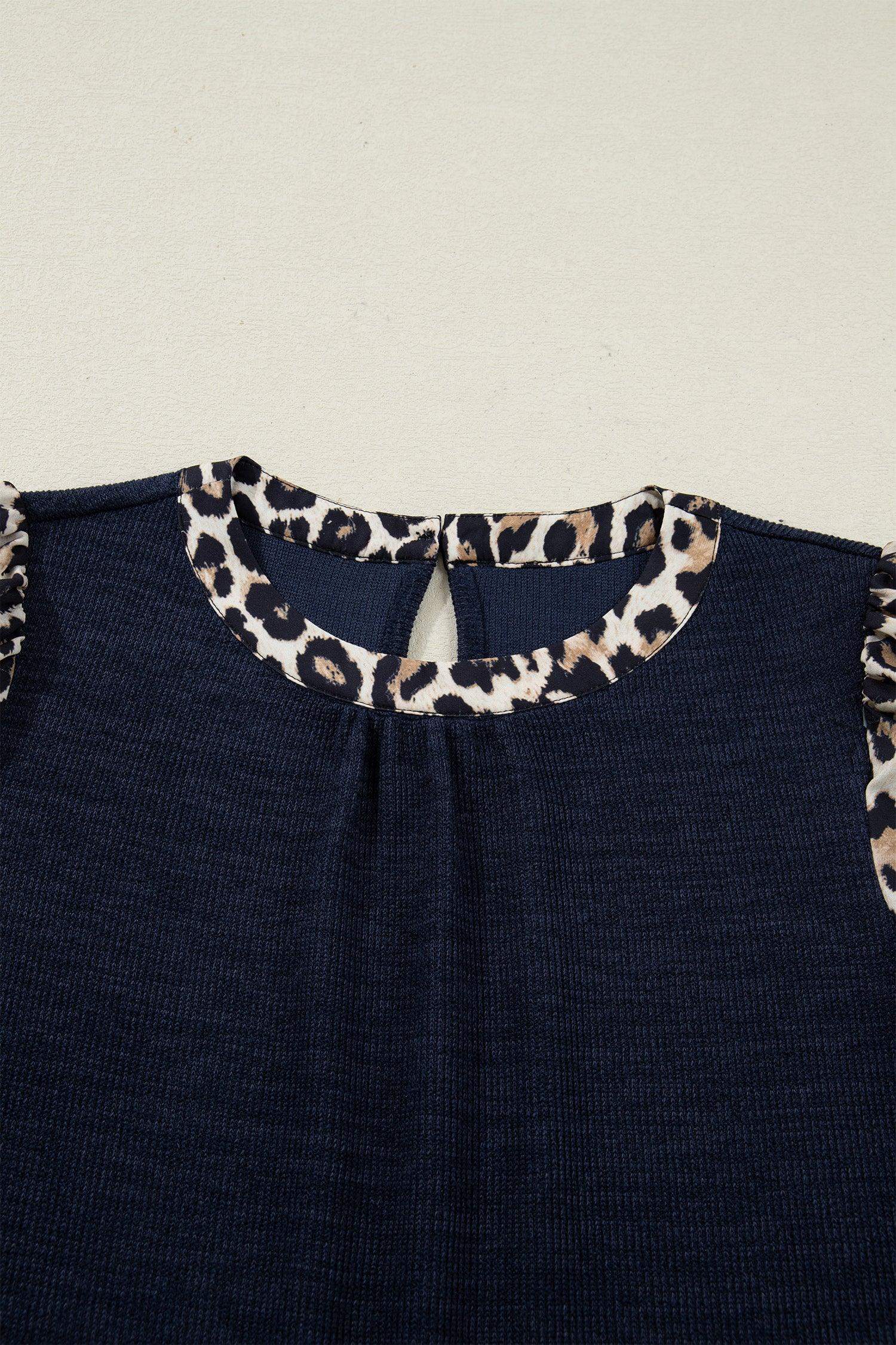 Navy Blue Ribbed Contrast Leopard Patchwork Short Sleeve Top