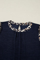 Navy Blue Ribbed Contrast Leopard Patchwork Short Sleeve Top