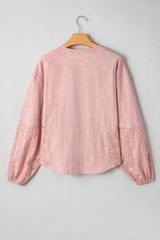Light Pink Keyhole Notch V Neck Batwing Sleeve Blouse