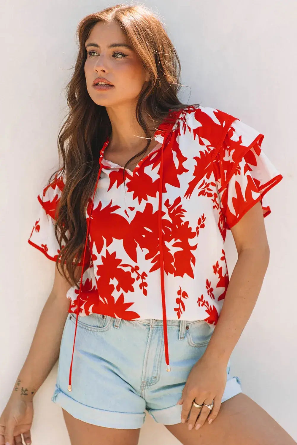 Red Plant Print Tiered Ruffled Sleeve V Neck Blouse