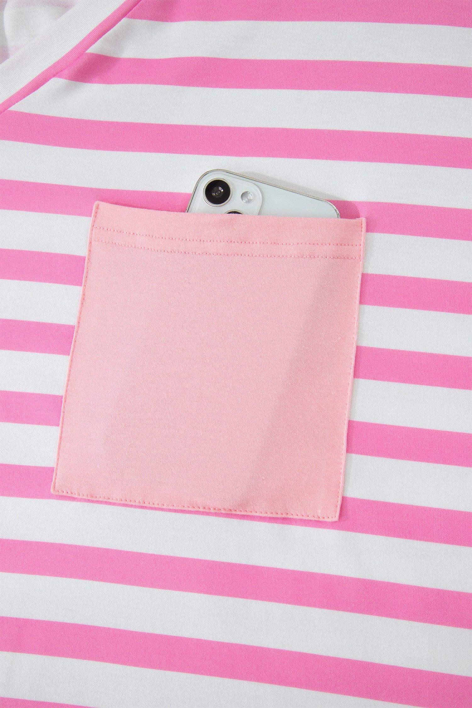 Pink Stripe Colorblock Patched Pocket V Neck Plus Size Tee