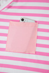 Pink Stripe Colorblock Patched Pocket V Neck Plus Size Tee
