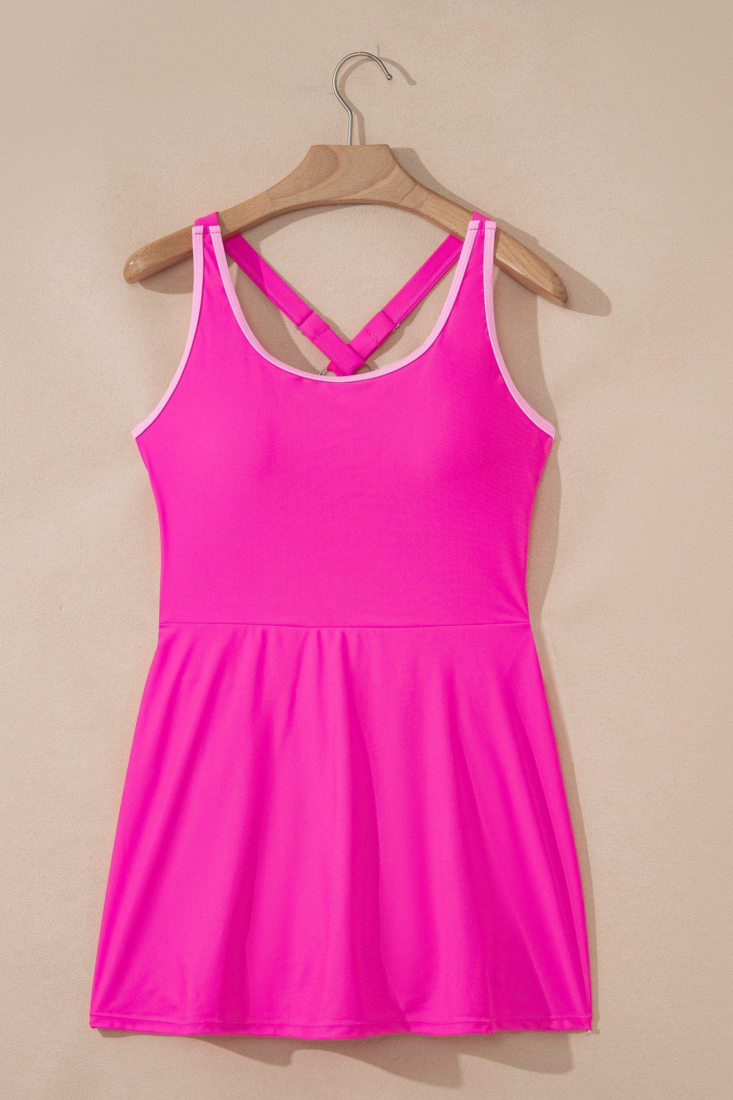 Rose Red Contrast Trim Neckline Active Shorts Attached One Piece Swim Dress