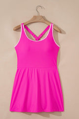 Rose Red Contrast Trim Neckline Active Shorts Attached One Piece Swim Dress