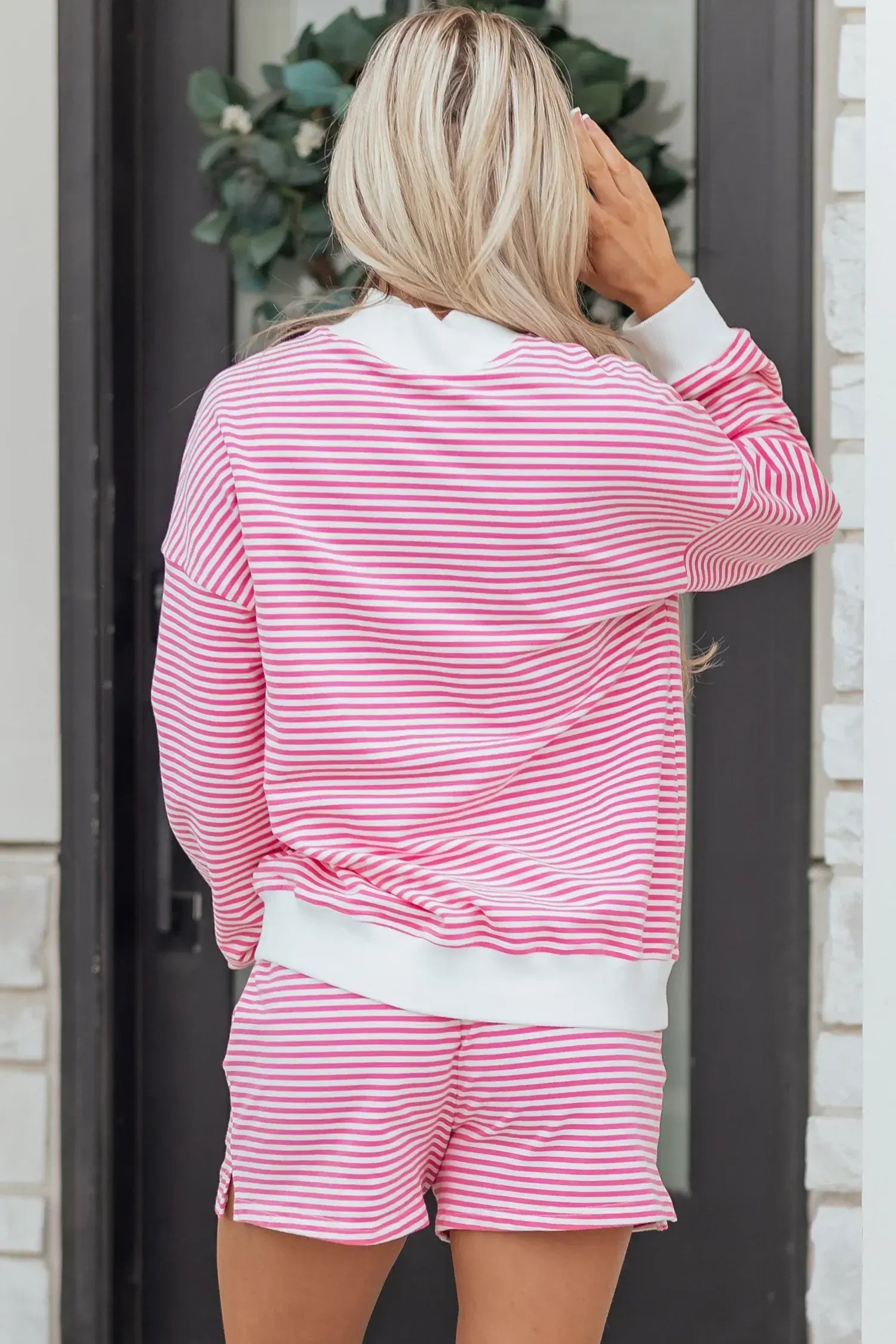 Sky Blue Stripe Oversize Mock Neck Sweatshirt and Shorts Set