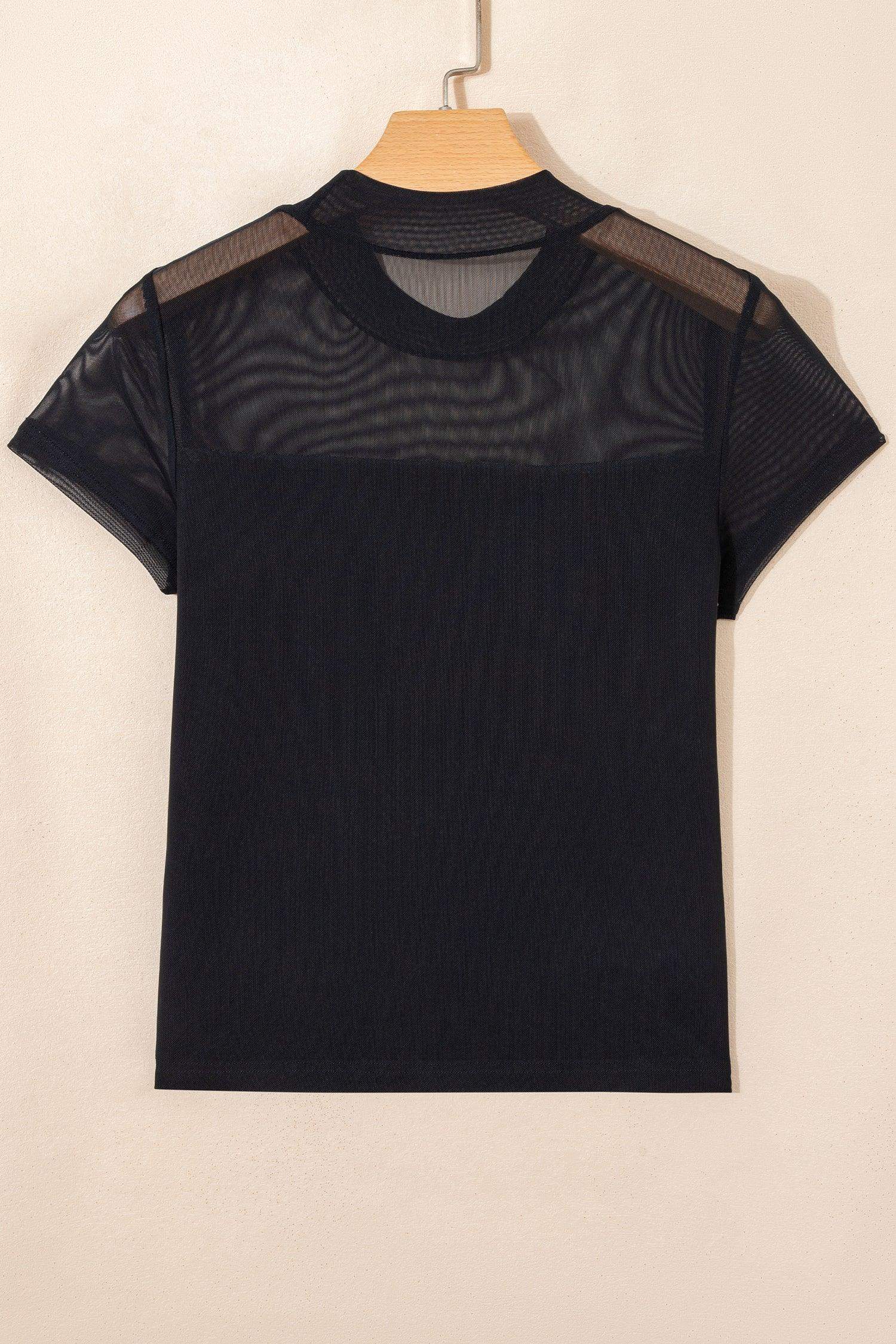Black Sheer Mesh Patchwork Cap Sleeve T Shirt