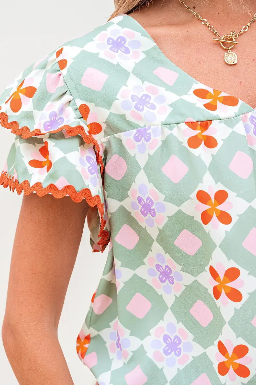 Green Geometric Floral Print Layered Flutter Sleeve V Neck Ric Rac Trim Blouse