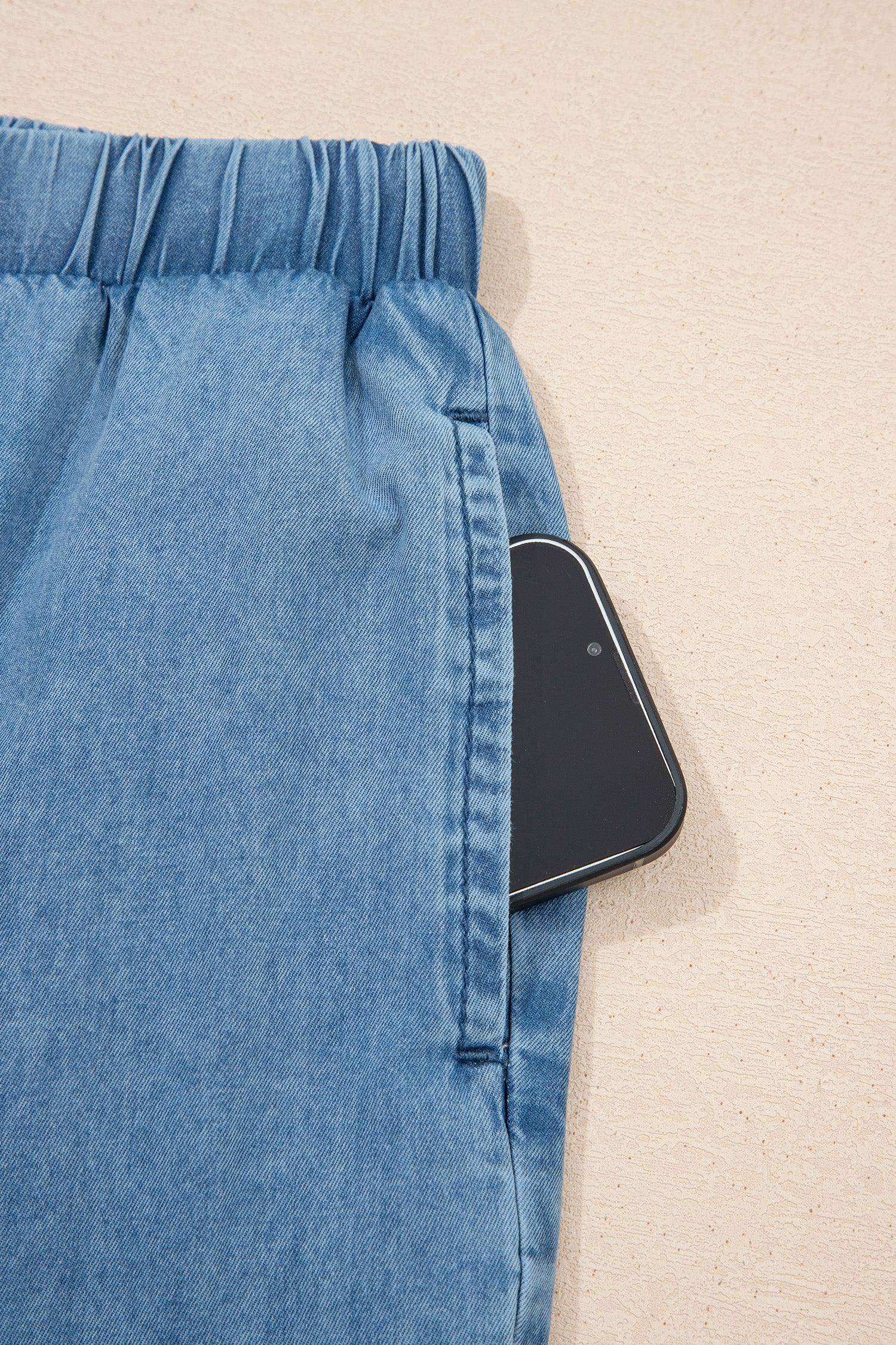 Dusk Blue Ruffled Hem Wide Leg Chambray Pants